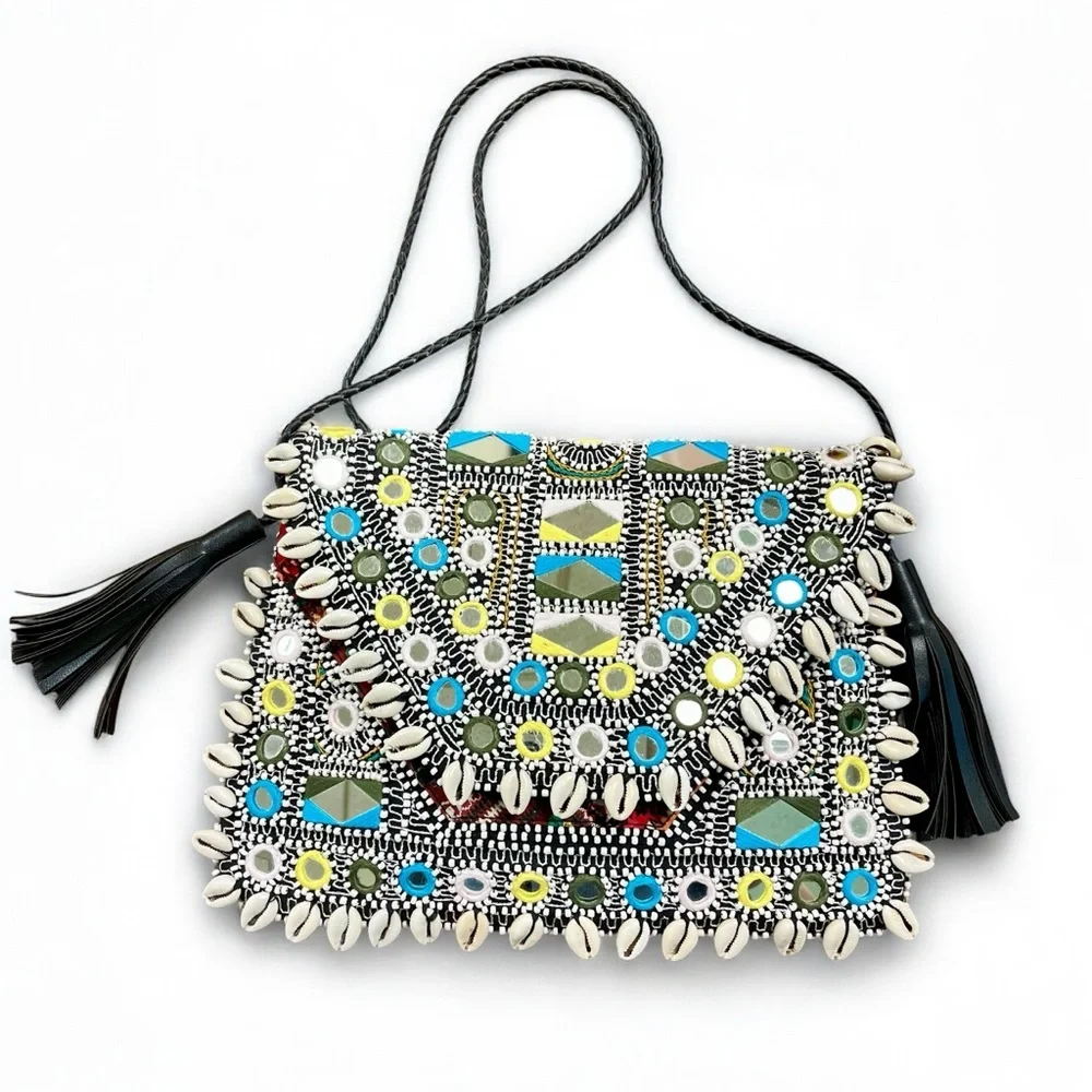 VIPUL SHAH Clutch Shoulder Bag Thikri Shells Leather Mermaid Fisherman Bollywood